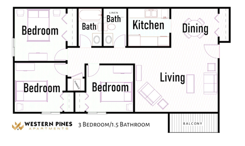 Floor plan for 3 beds, 1.5 baths, 1155 sqft